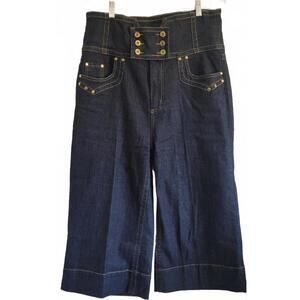 APOLLO JEANS Women’s Dark Wash Jean Culotte Style Cropped Flare Leg High Waist